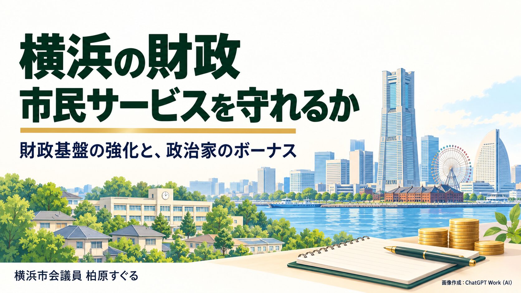 横浜の街並みと暮らしを描いたイラスト。横浜の財政、市民サービスを守れるか。財政基盤の強化と、政治家のボーナス。