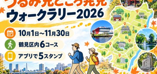 つるみ見どころ発見ウォークラリー2026の期間、鶴見区内6コース、アプリで5スタンプという参加要点を示す案内画像