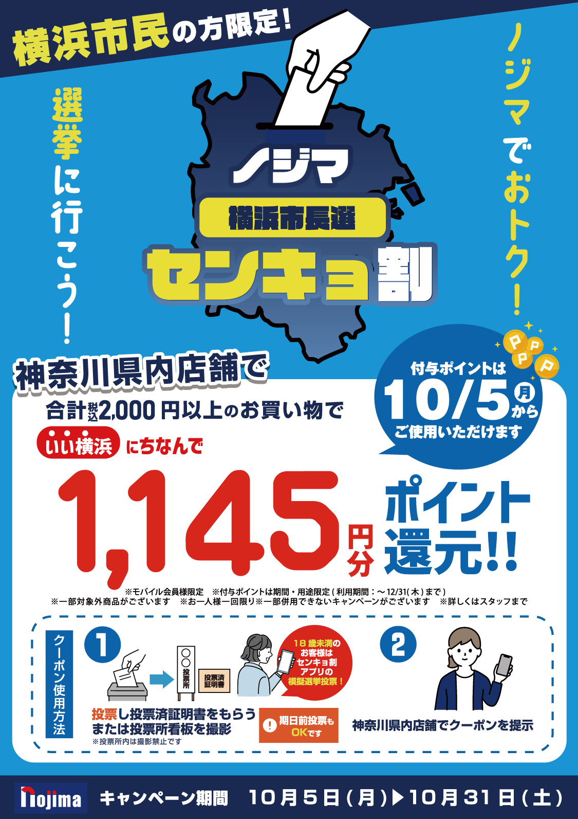 ノジマのセンキョ割。横浜市長選挙2026、税込2,000円以上の買い物で1,145円分ポイント還元。実施期間10月5日から31日。