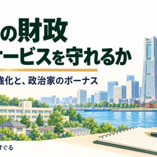 横浜の街並みと暮らしを描いたイラスト。横浜の財政、市民サービスを守れるか。財政基盤の強化と、政治家のボーナス。