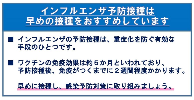 横浜市のインフルエンザ予防接種案内図。接種後に免疫がつくまで約2週間かかり、早めの接種を勧めている