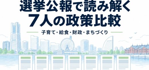 横浜市長選挙2026 選挙公報で読み解く7人の政策比較。子育て・給食・財政・まちづくり。横浜市会議員 柏原すぐる