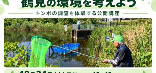 鶴見の環境を考えよう。トンボ調査を体験する公開講座。10月24日開催、申込10月12日まで。横浜市掲載の活動写真をもとにした案内画像