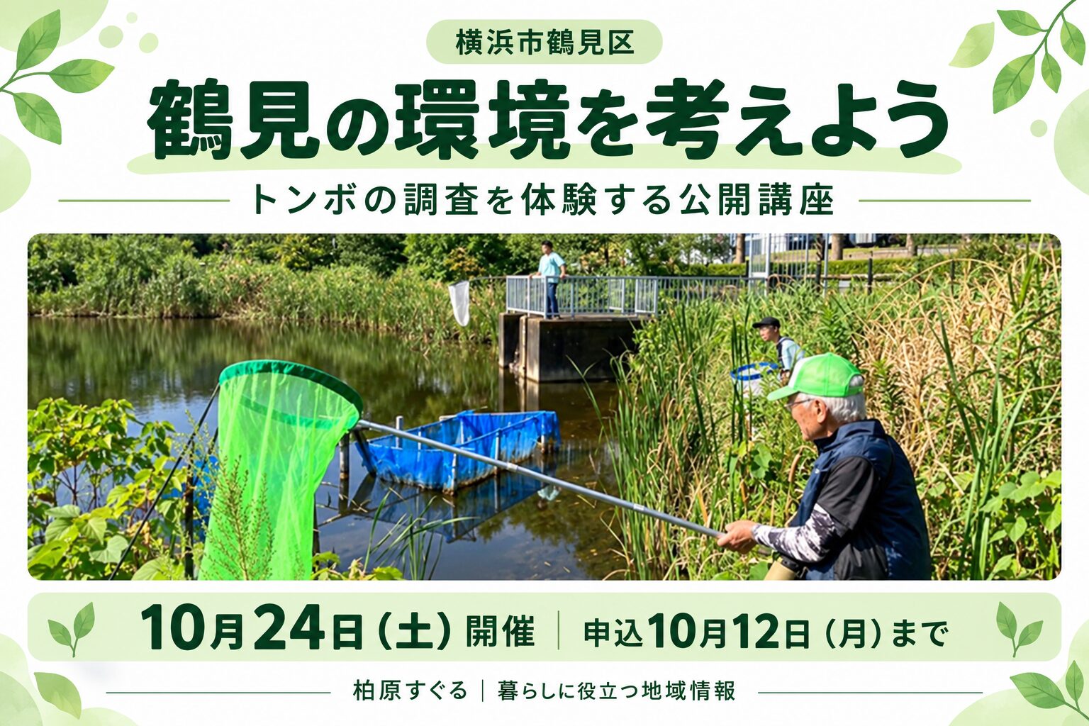 鶴見の環境を考えよう。トンボ調査を体験する公開講座。10月24日開催、申込10月12日まで。横浜市掲載の活動写真をもとにした案内画像