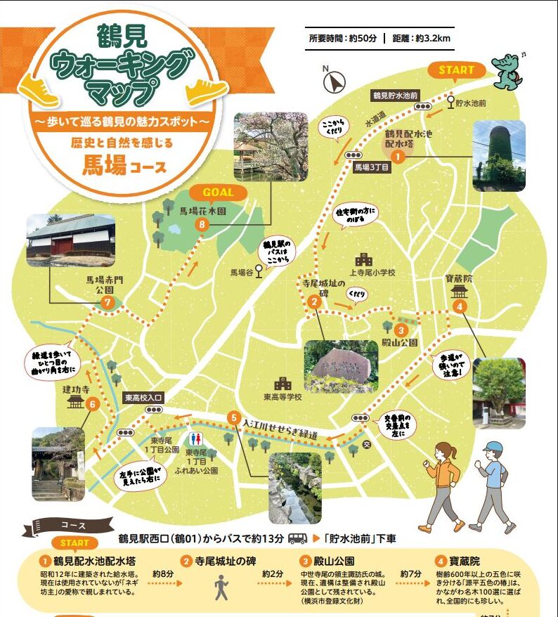 鶴見区の馬場コースを示す公式ウォーキングマップ。配水塔、寺尾城址、殿山公園、寶蔵院、入江川せせらぎ緑道などを巡る約3.2キロのコース